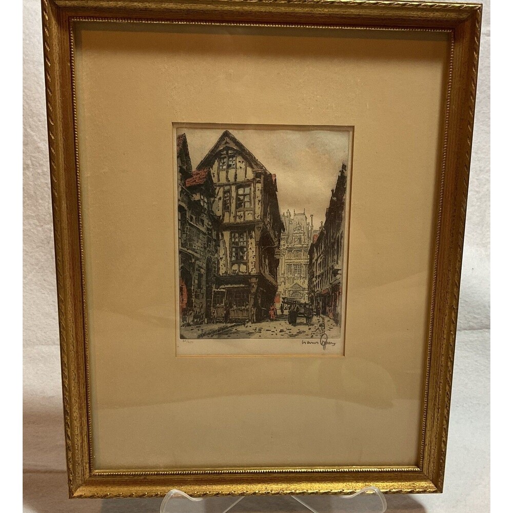 Framed, Numbered, And Signed Hans Figura Print  Of European Street Vintage